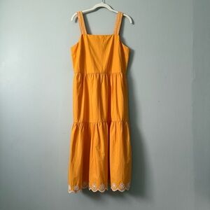 J. Crew Women's Yellow Orange Eyelet Embroidered Scallop Tiered Midi Dress